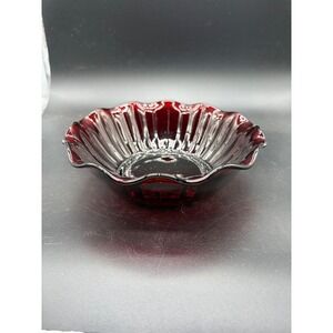Anchor Hocking Ruby Red Ruffled Rim Scalloped Glass Bowl